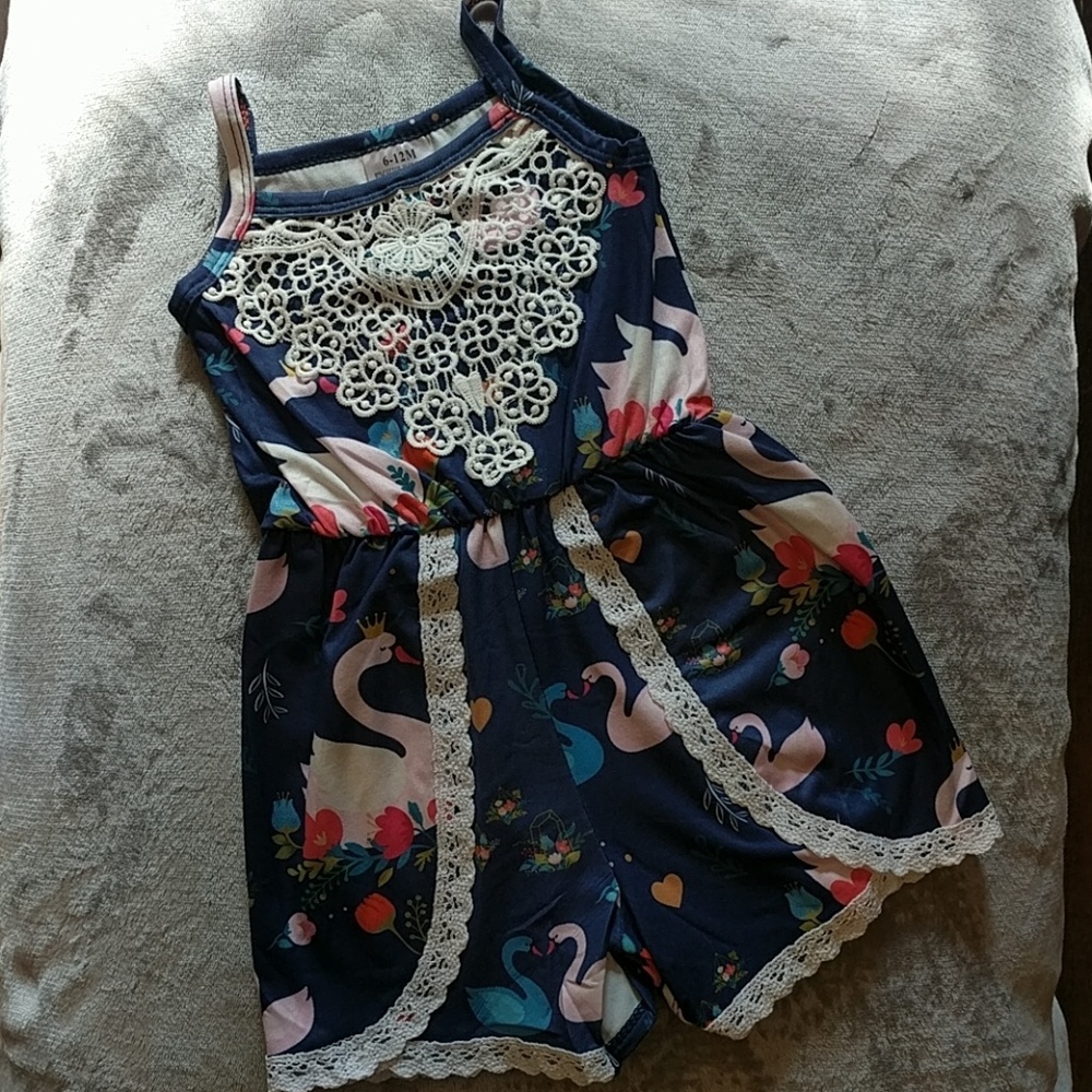 Baby Girl Swan Print Romper with Lace Detail